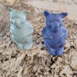 Pair of Blue Pottery Pig Salt and Pepper Shakers